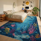 Deep Blue Underwater Dolphin Scene Rug - Bedroom View