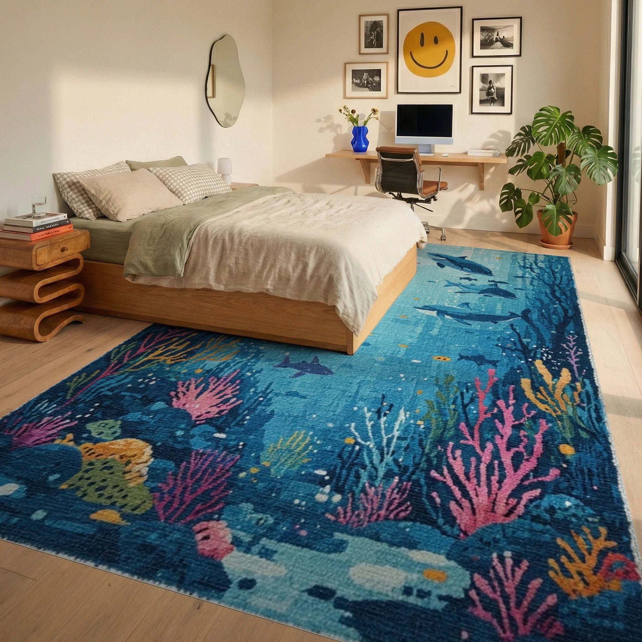 Deep Blue Underwater Dolphin Scene Rug - Bedroom View