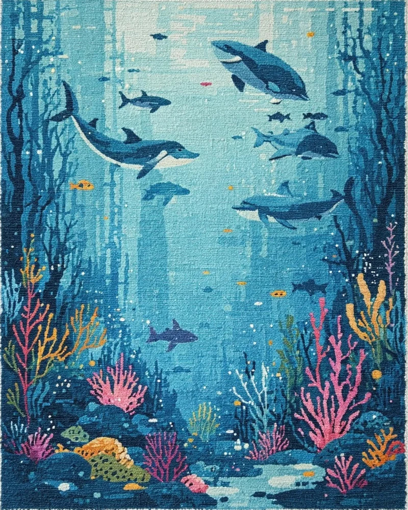 Deep Blue Underwater Dolphin Scene Rug - Cutout View