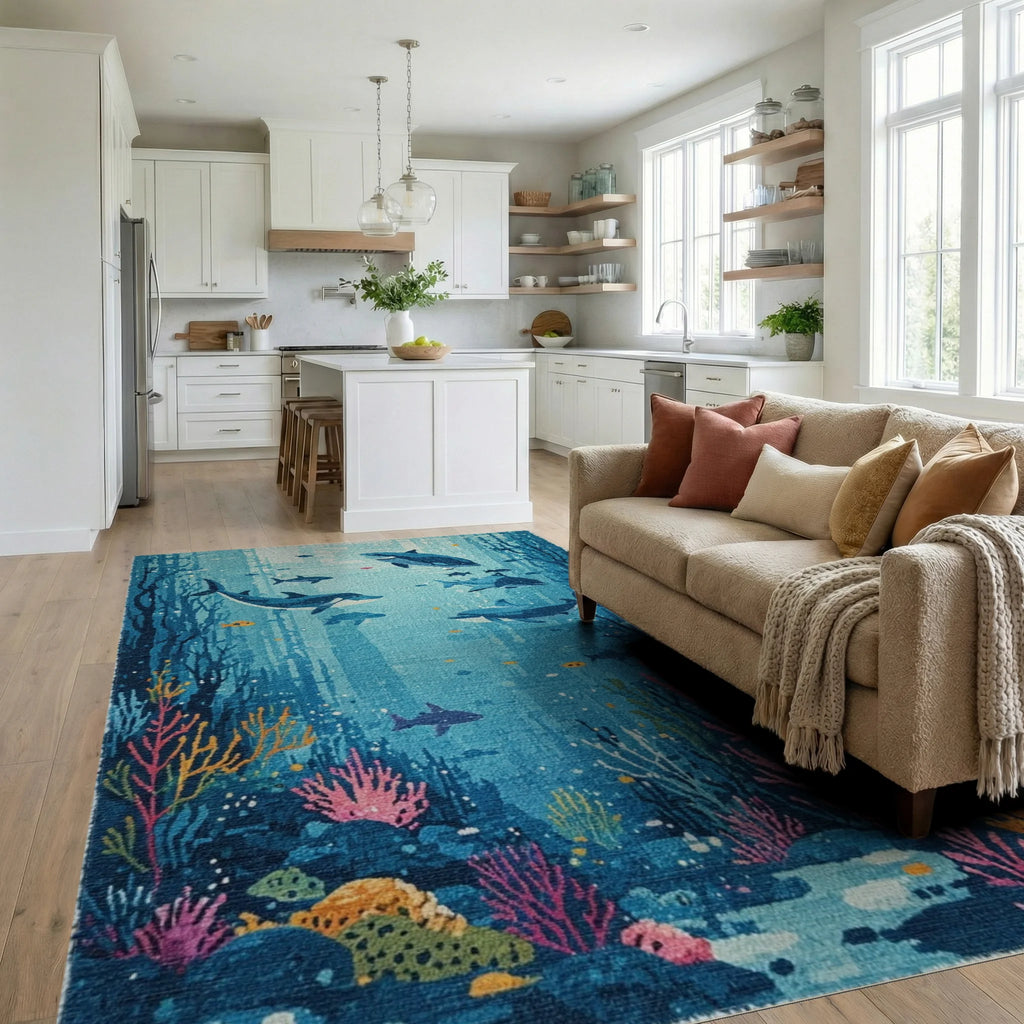 Deep Blue Underwater Dolphin Scene Rug - Living Room View