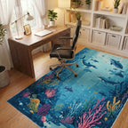 Deep Blue Underwater Dolphin Scene Rug - Office View