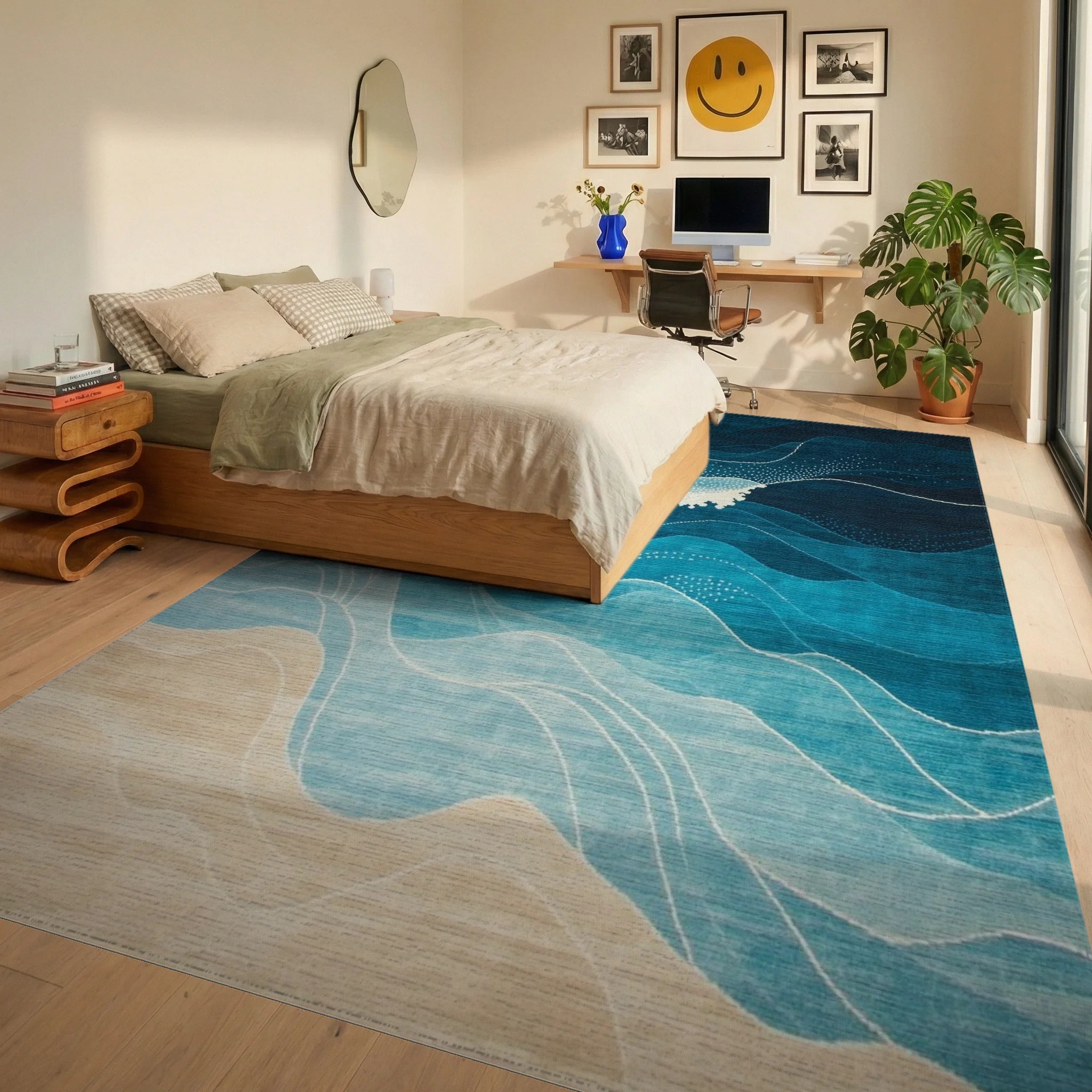Deep Blue Waves Sandy Beach Rug - Bedroom View