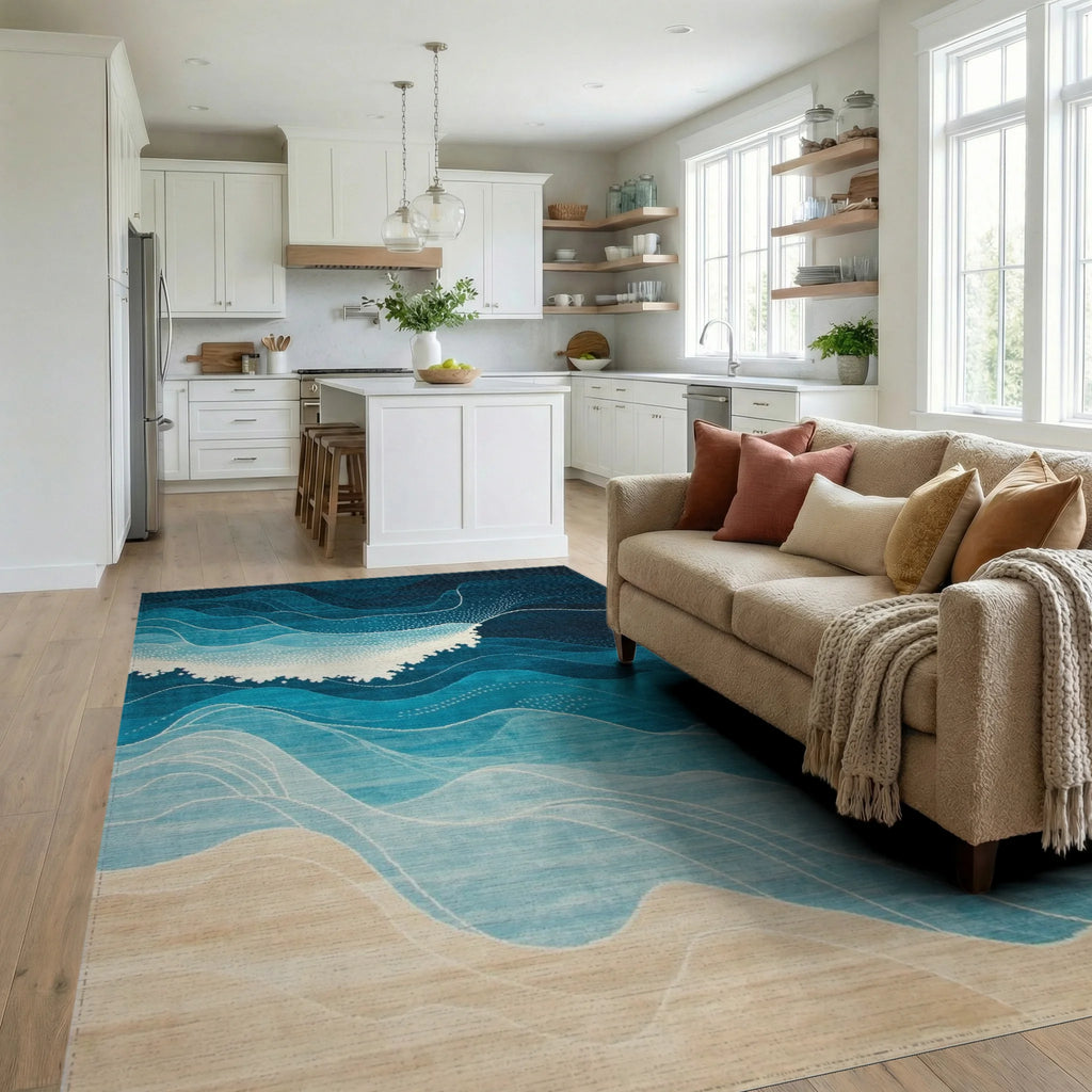 Deep Blue Waves Sandy Beach Rug - Living Room View