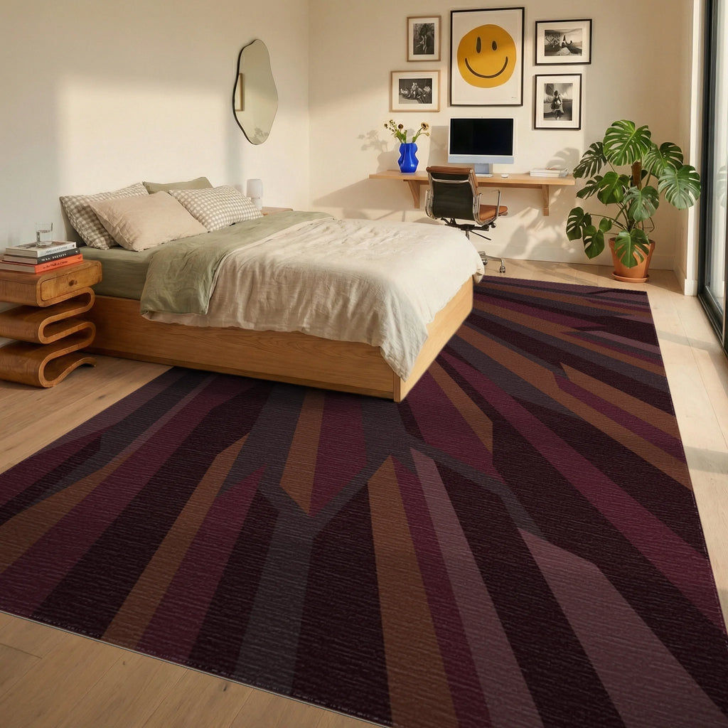 Deep Burgundy Abstract Splayed Stripes Rug Bedroom View