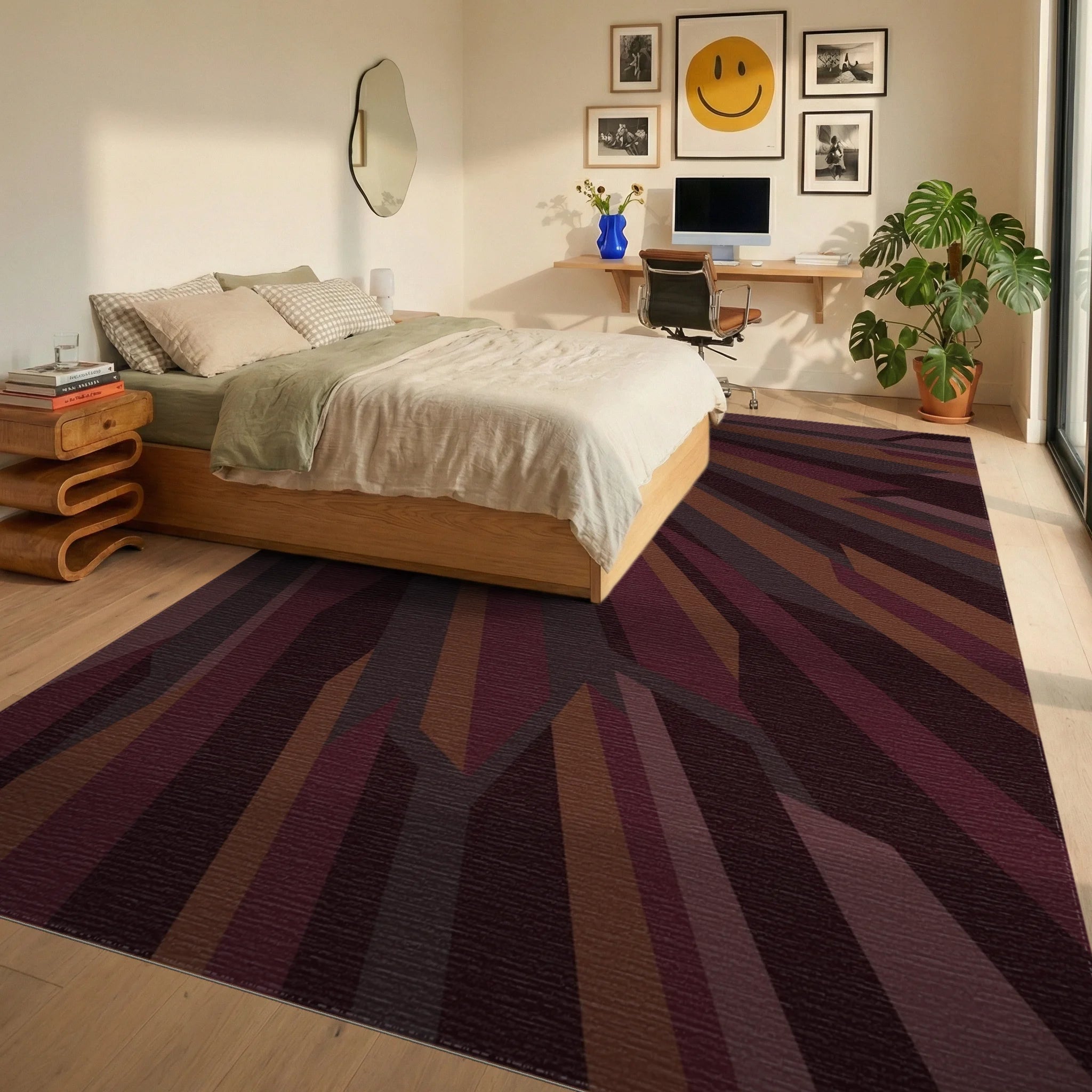 Deep Burgundy Abstract Splayed Stripes Rug Bedroom View