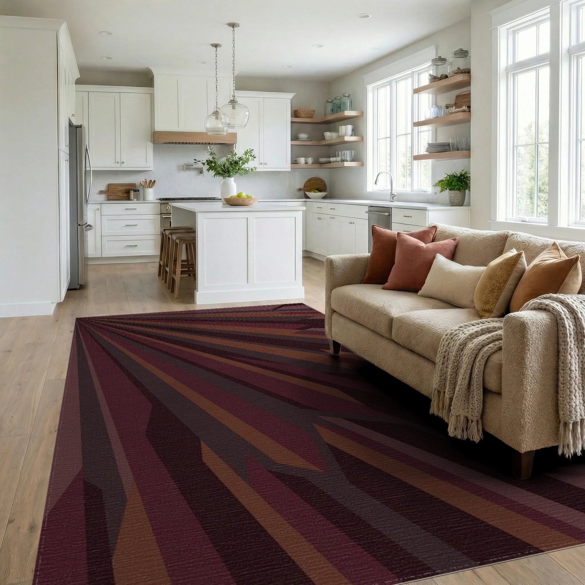 Deep Burgundy Abstract Splayed Stripes Rug Living Room View