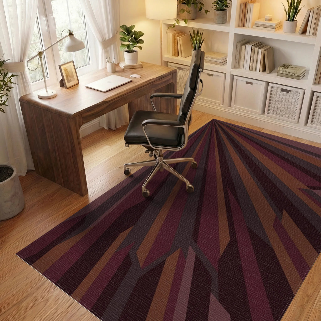 Deep Burgundy Abstract Splayed Stripes Rug Office View