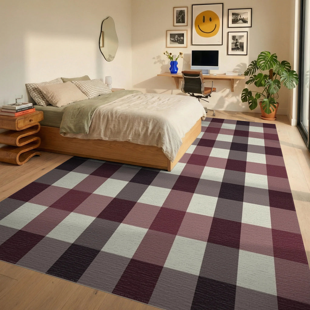 Deep Burgundy Cream Buffalo Check Rug Bedroom View