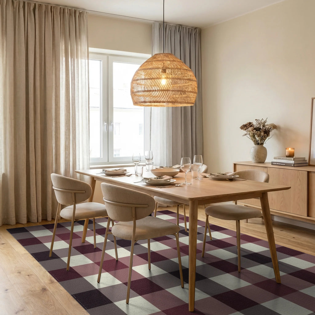 Deep Burgundy Cream Buffalo Check Rug Dining Room View