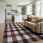 Deep Burgundy Cream Buffalo Check Rug Living Room View