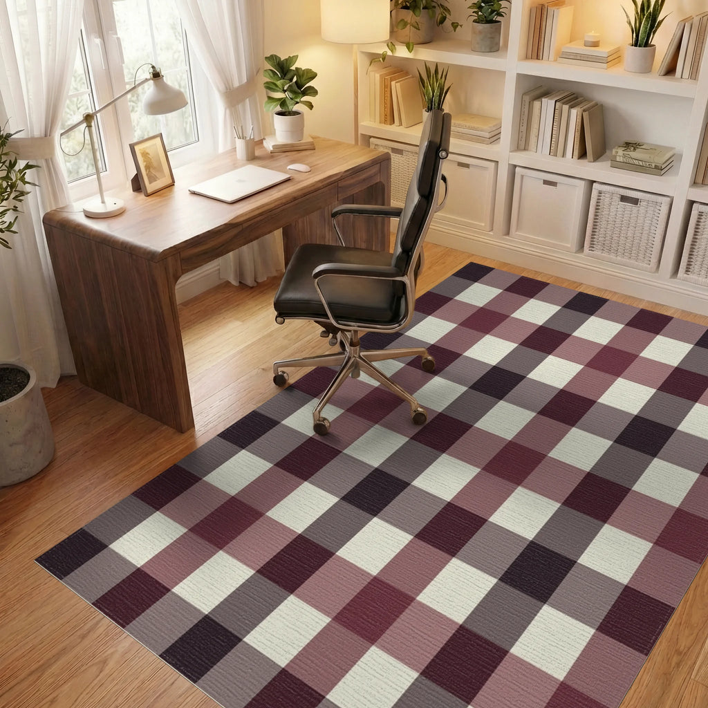 Deep Burgundy Cream Buffalo Check Rug Office View