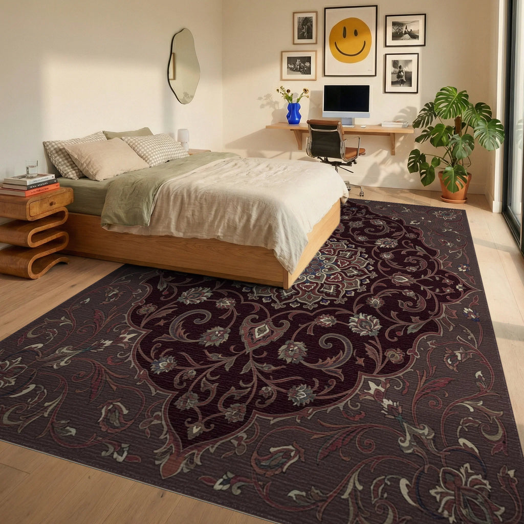 Deep Burgundy Floral Medallion Arabesque Rug Bedroom View