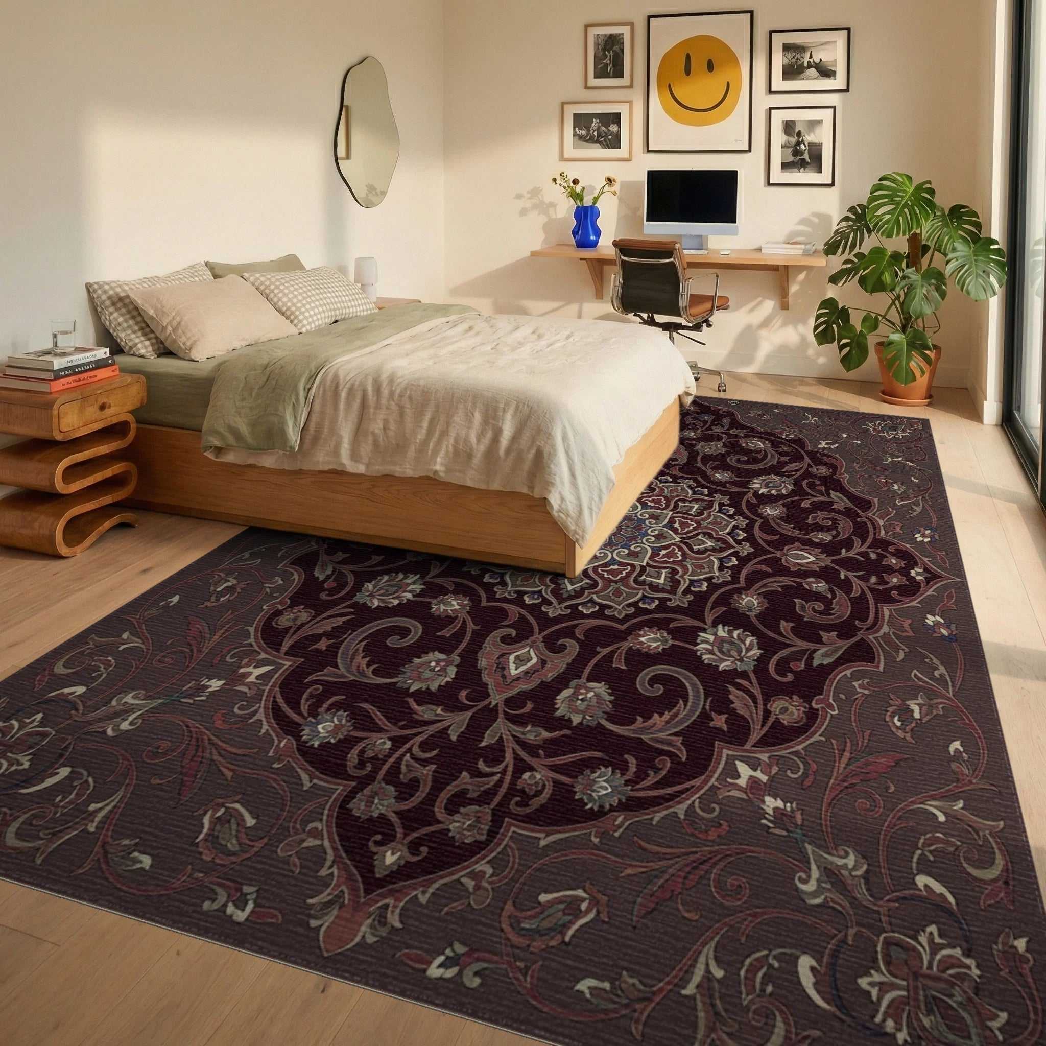 Deep Burgundy Floral Medallion Arabesque Rug Bedroom View