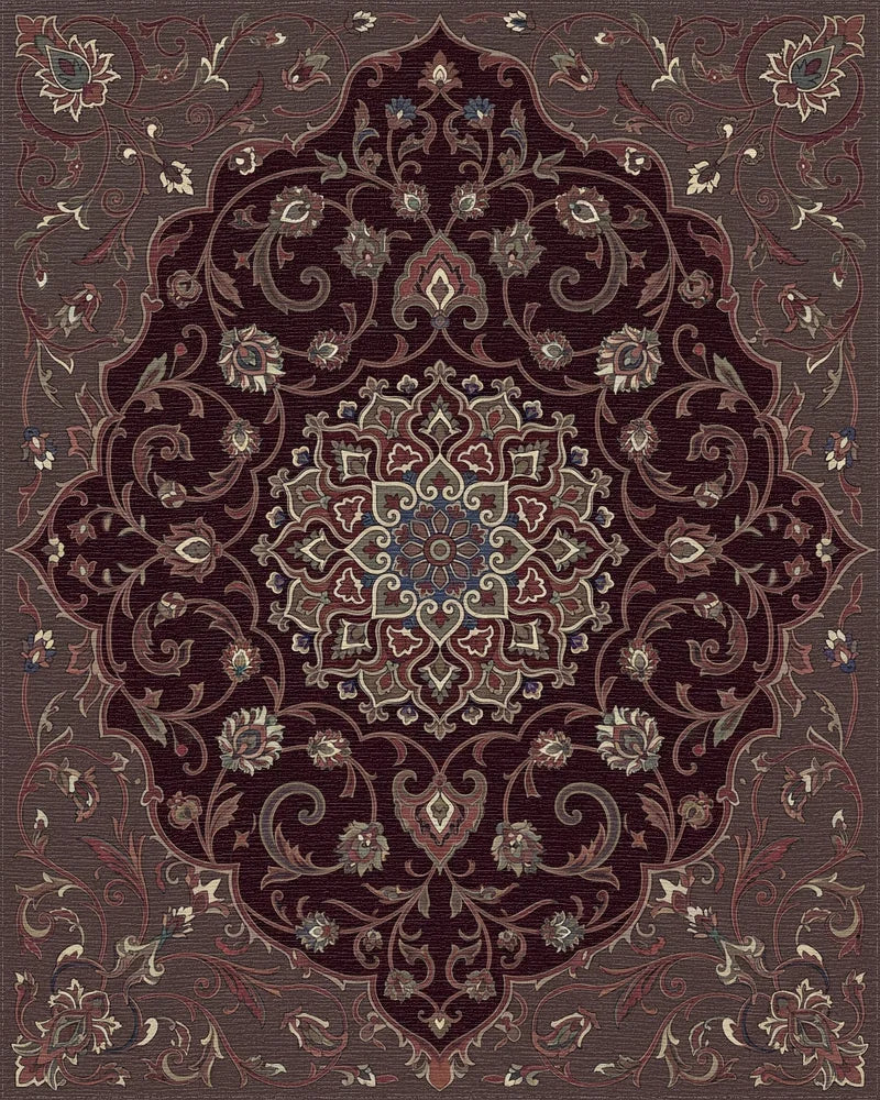 Deep Burgundy Floral Medallion Arabesque Rug - Cutout View