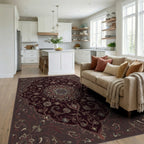 Deep Burgundy Floral Medallion Arabesque Rug Living Room View
