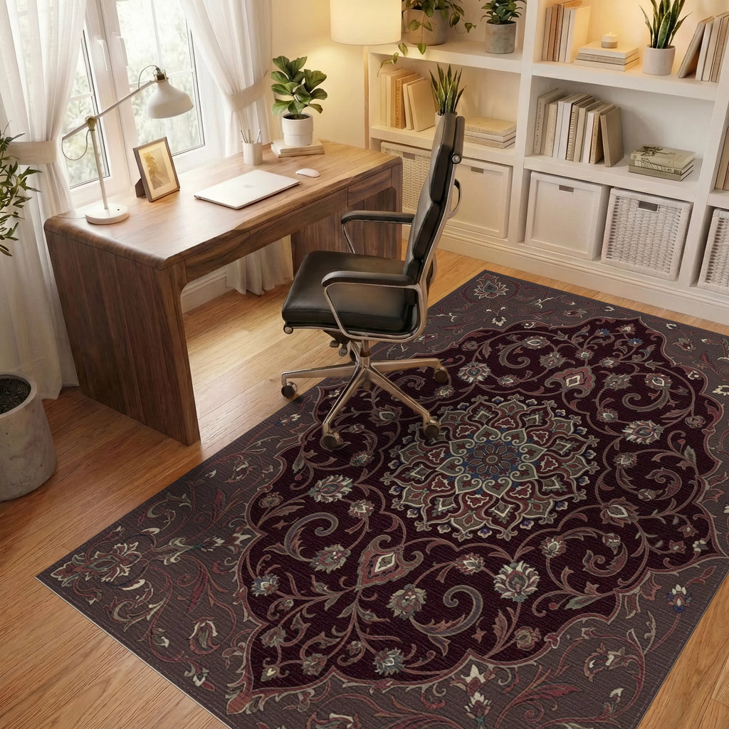 Deep Burgundy Floral Medallion Arabesque Rug Office View
