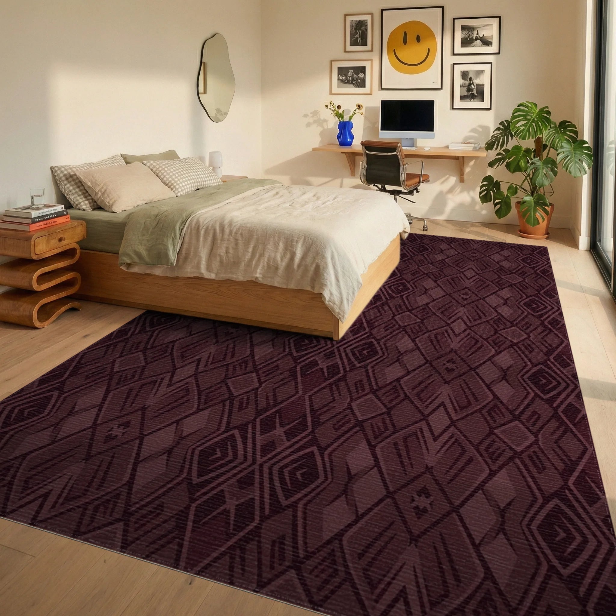 Deep Burgundy Geometric Diamond Arrangement Rug Bedroom View