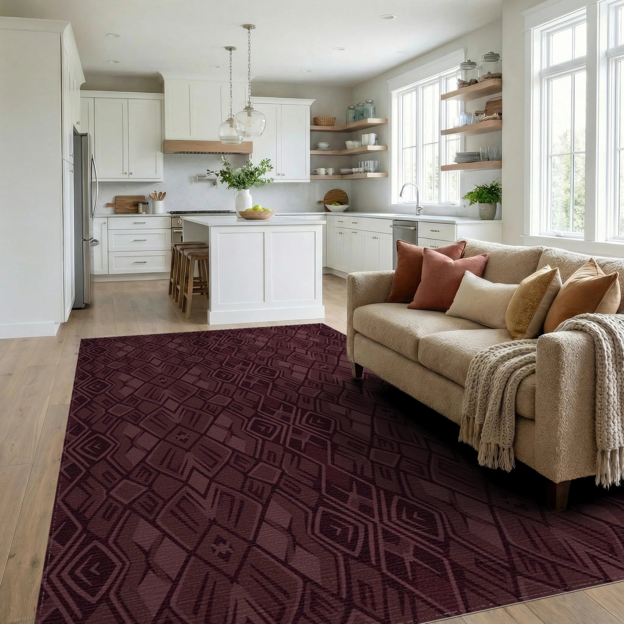 Deep Burgundy Geometric Diamond Arrangement Rug Living Room View