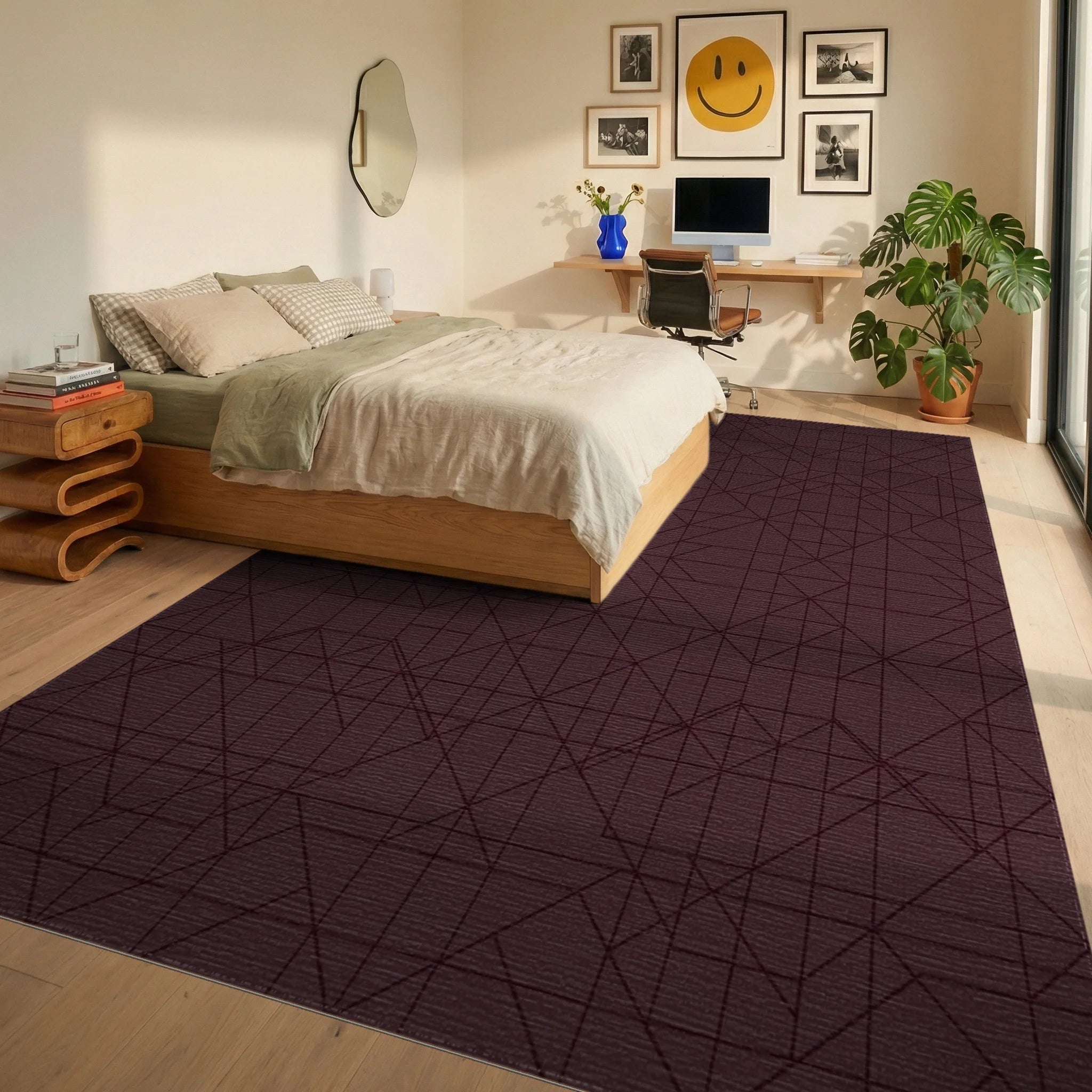 Deep Burgundy Geometric Lattice Rug Bedroom View