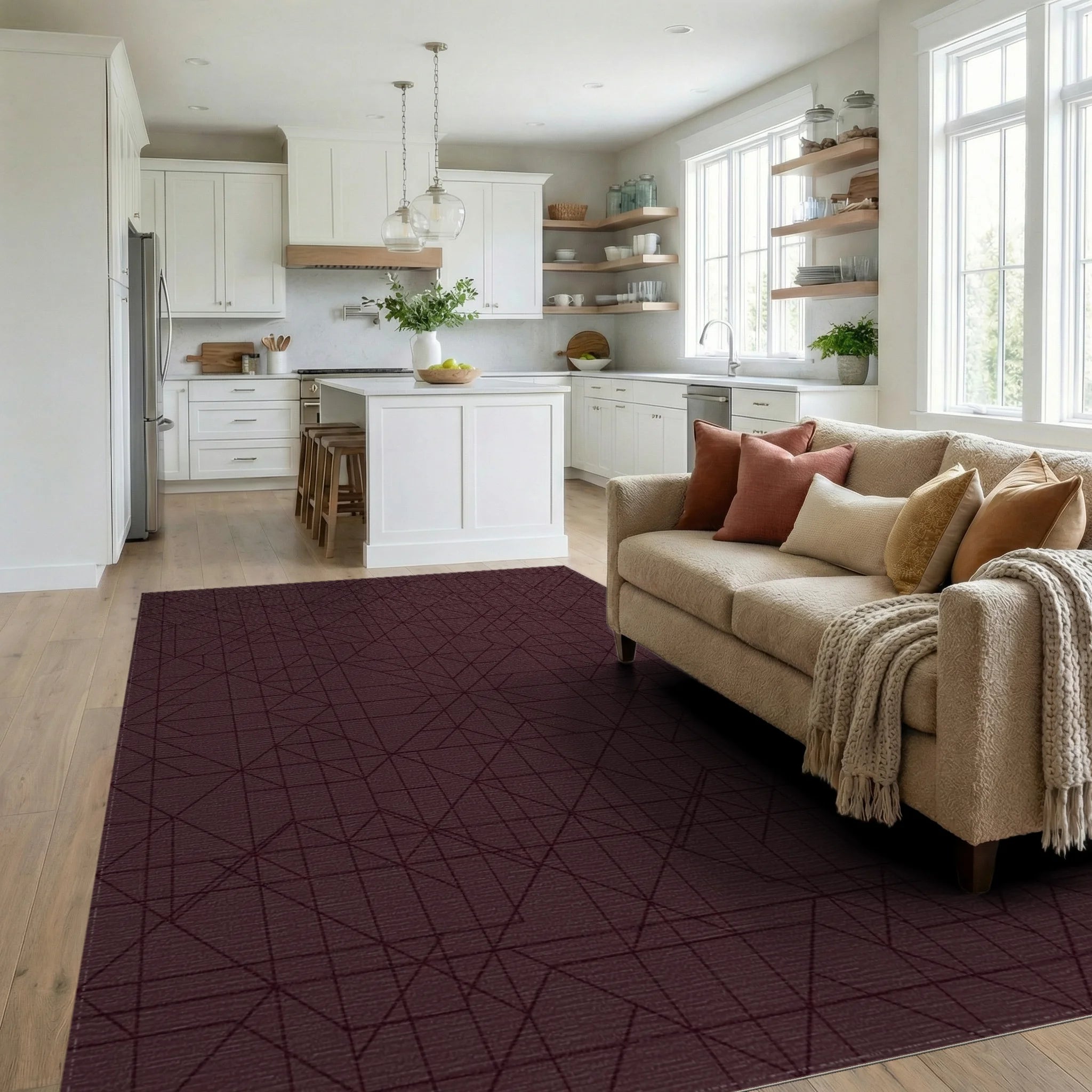 Deep Burgundy Geometric Lattice Rug Living Room View