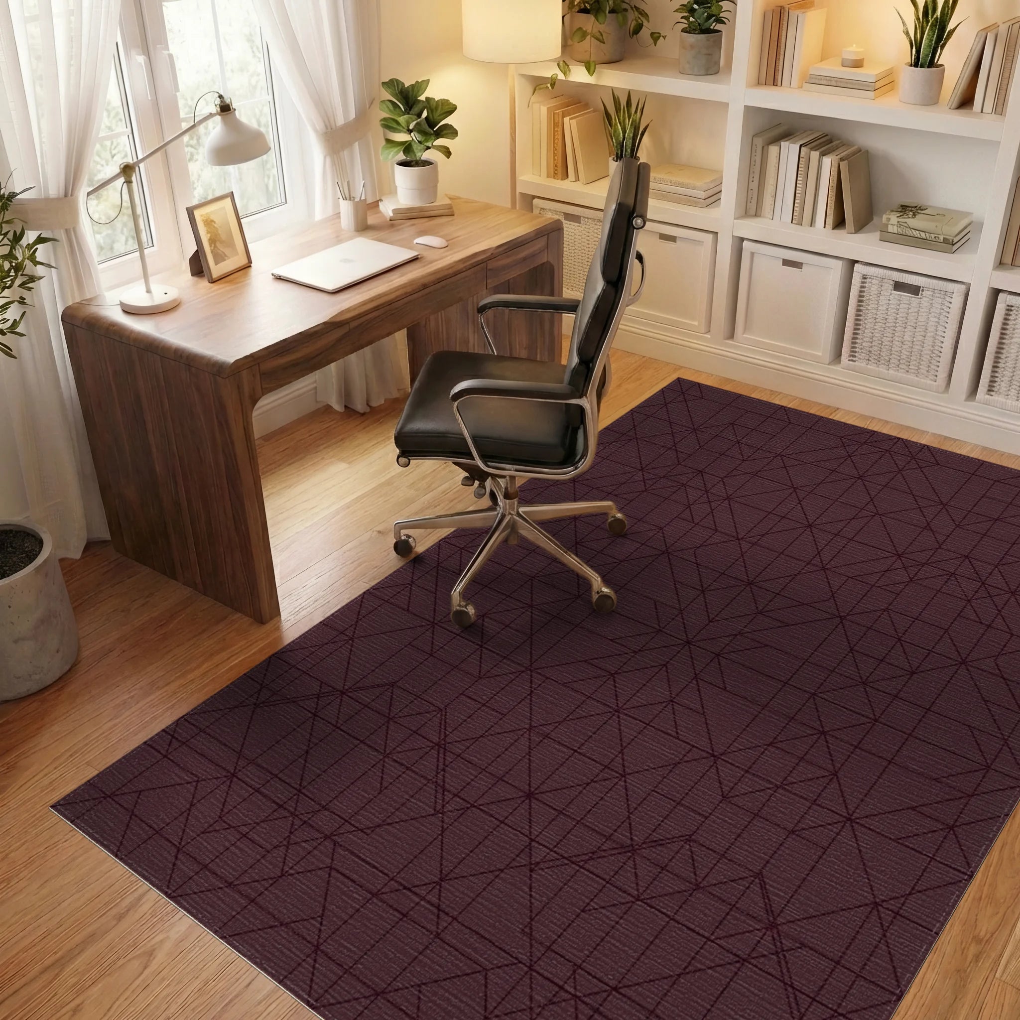 Deep Burgundy Geometric Lattice Rug Office View