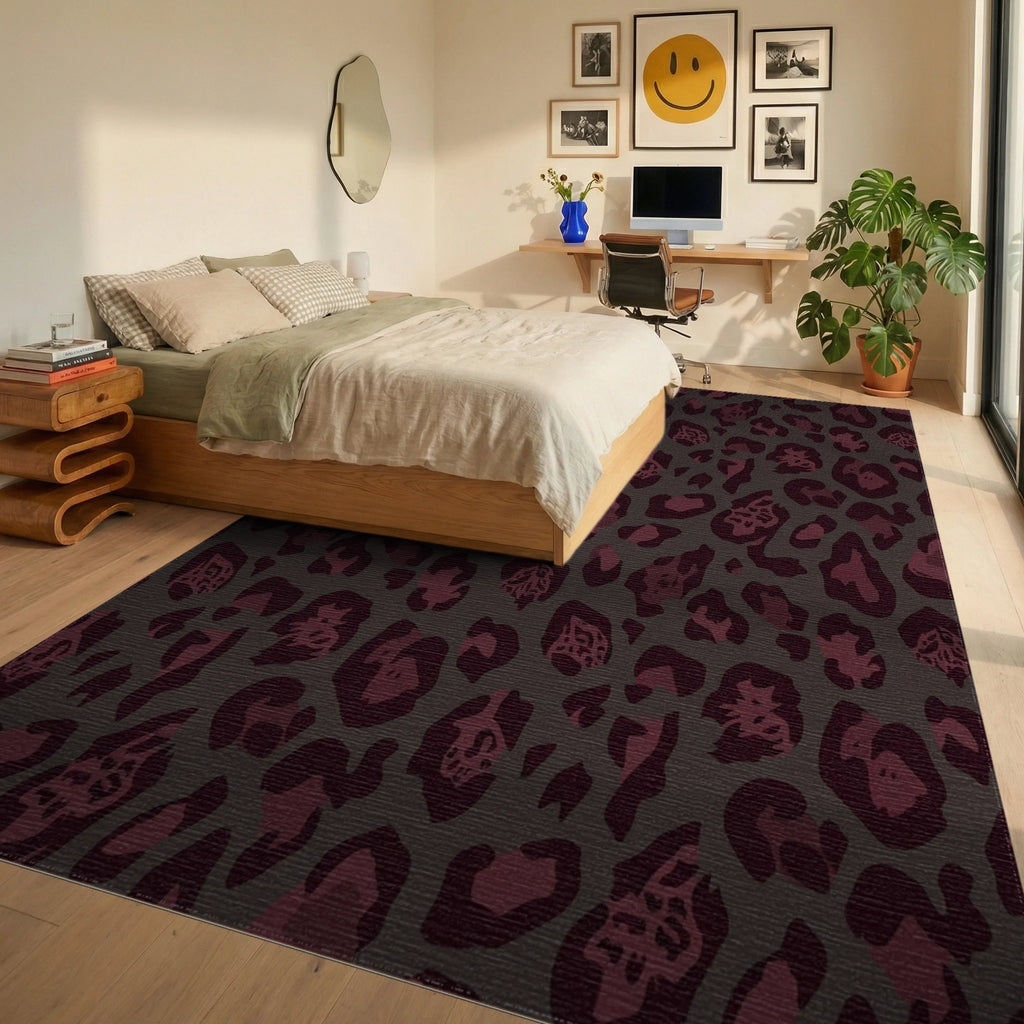 Deep Burgundy Leopard Spot Rug Bedroom View
