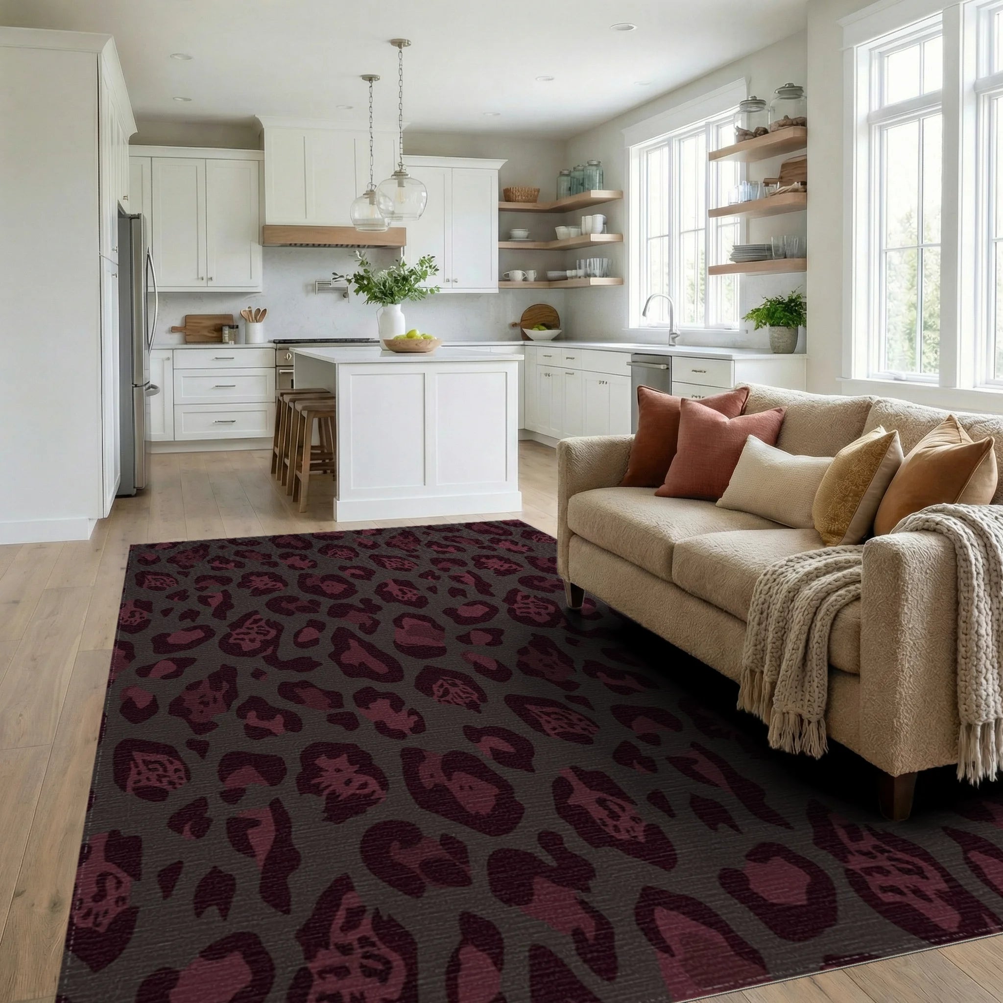 Deep Burgundy Leopard Spot Rug Living Room View