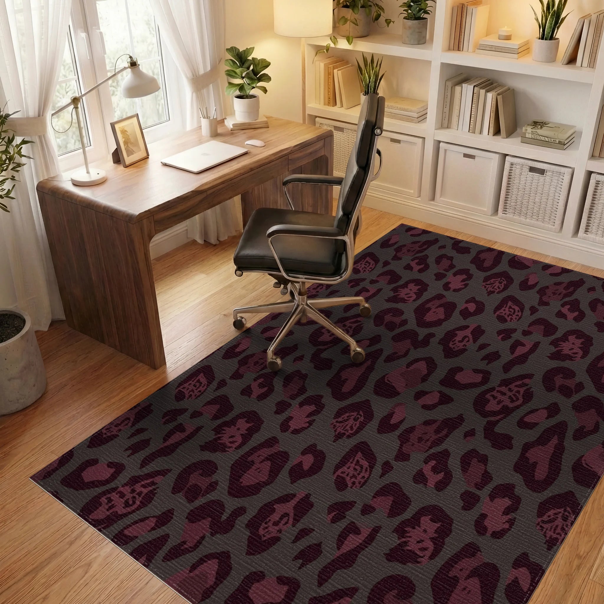 Deep Burgundy Leopard Spot Rug Office View
