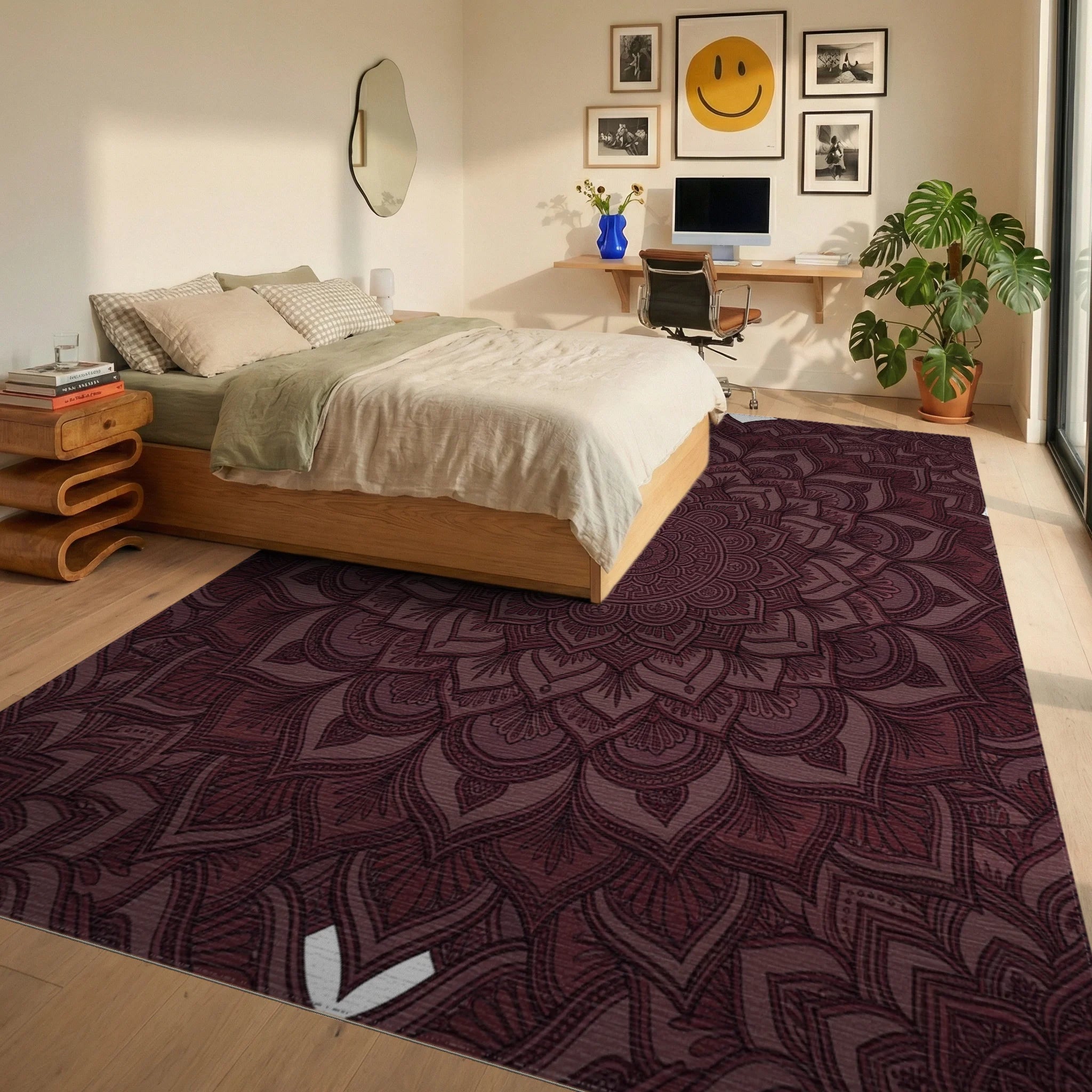 Deep Burgundy Mandala Bloom Rug Bedroom View