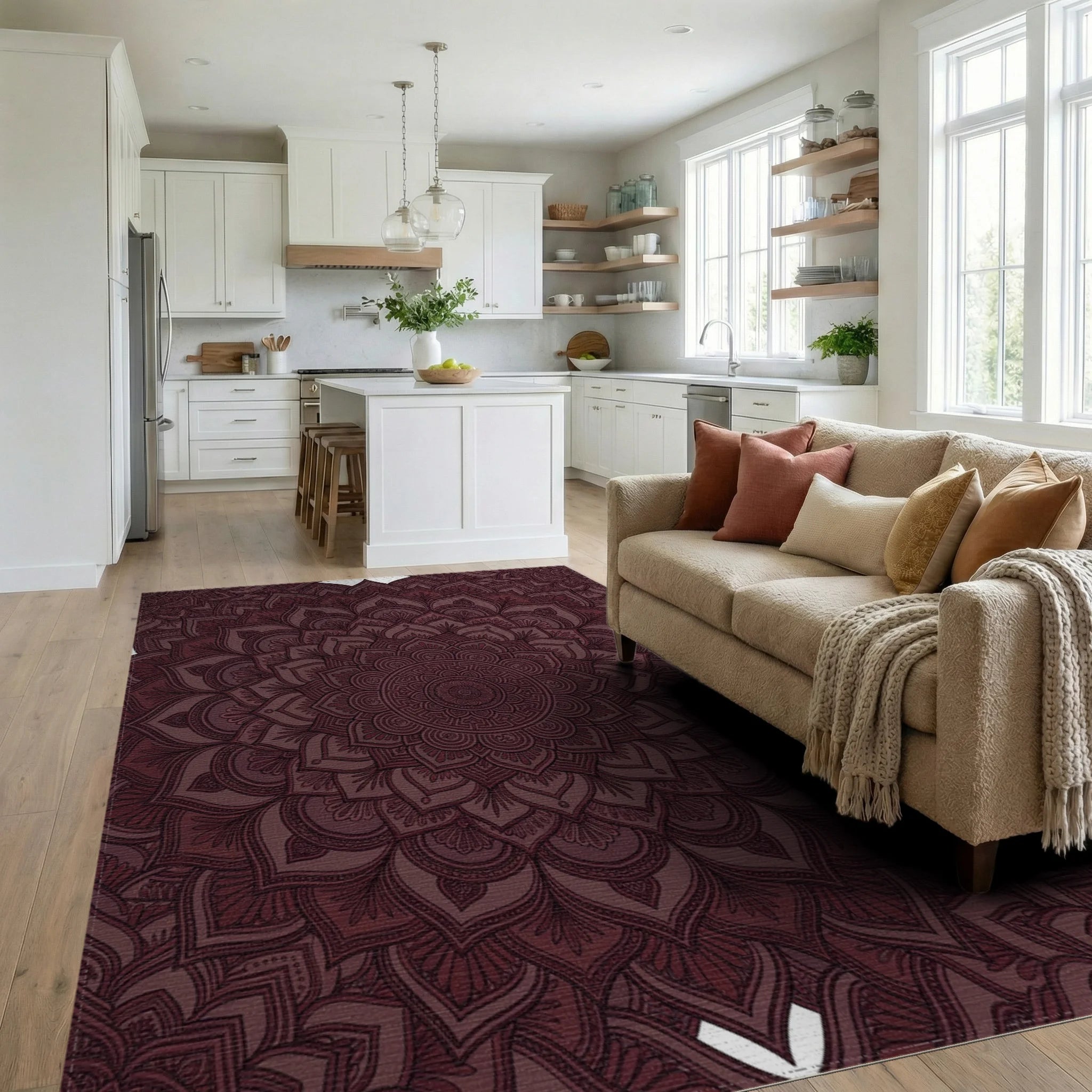 Deep Burgundy Mandala Bloom Rug Living Room View