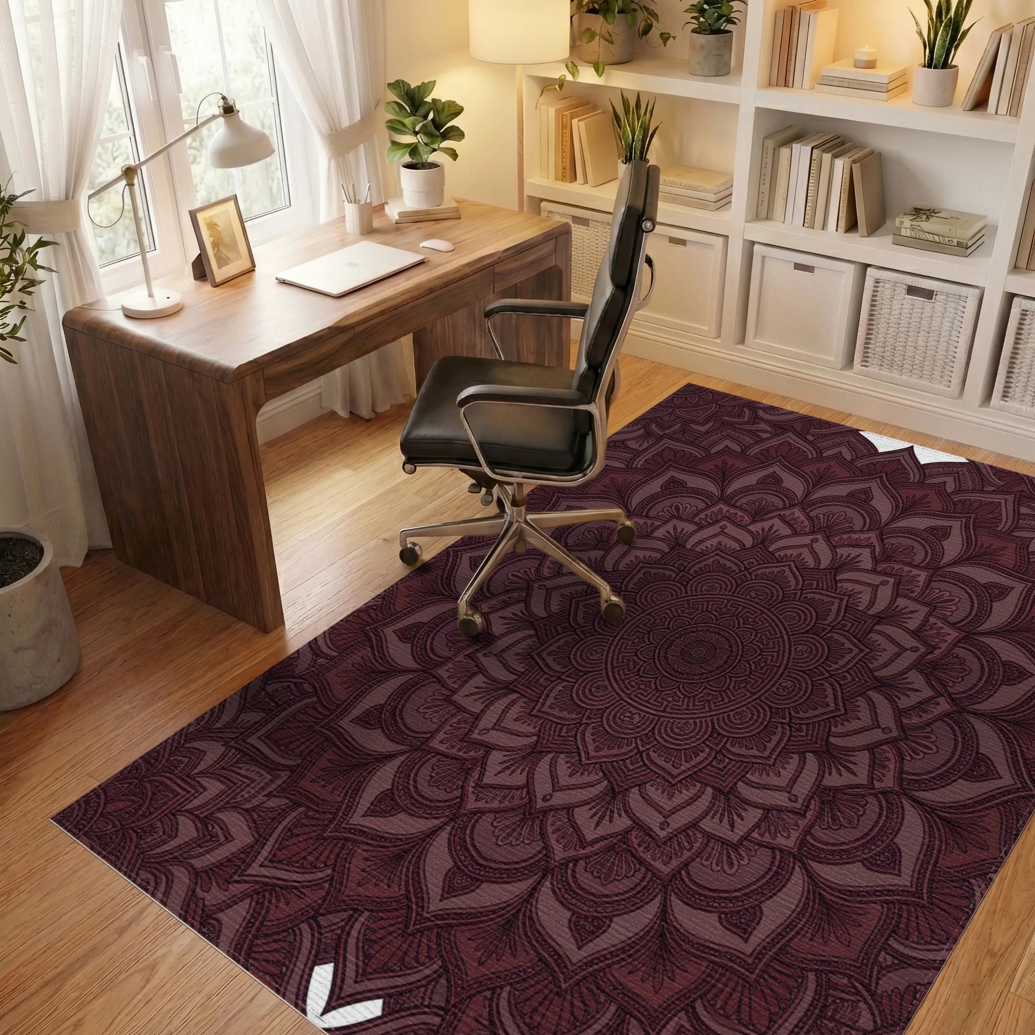 Deep Burgundy Mandala Bloom Rug Office View
