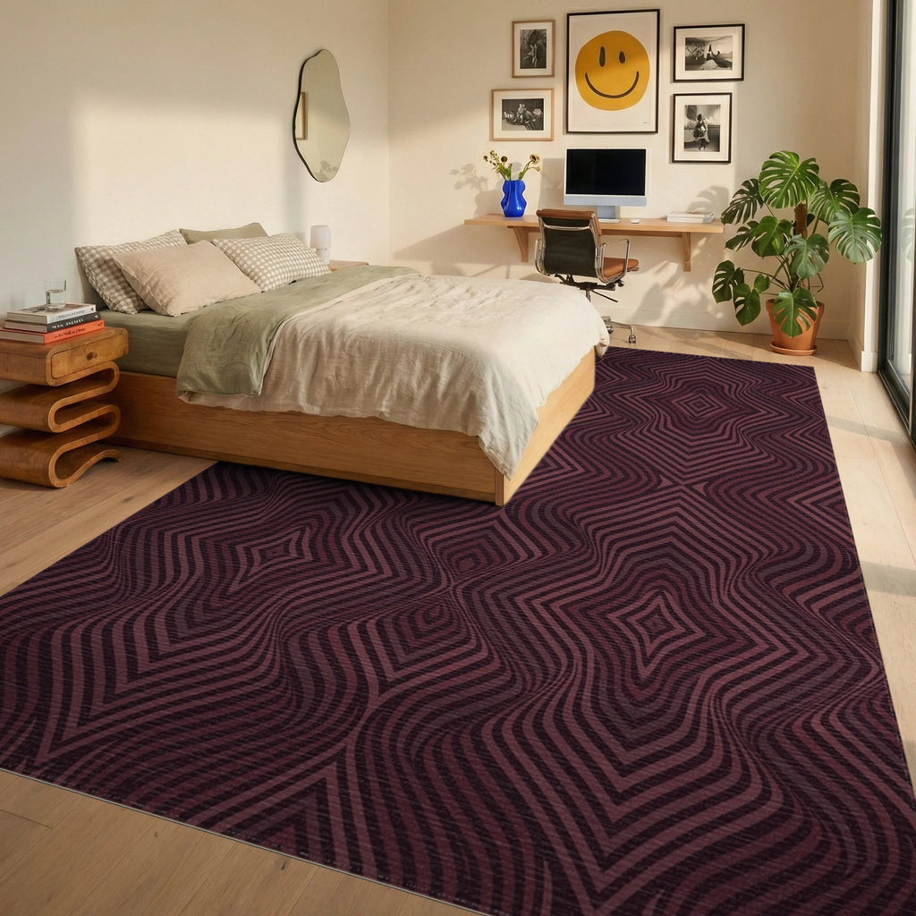 Deep Burgundy Optical Illusion Diamonds Rug Bedroom View