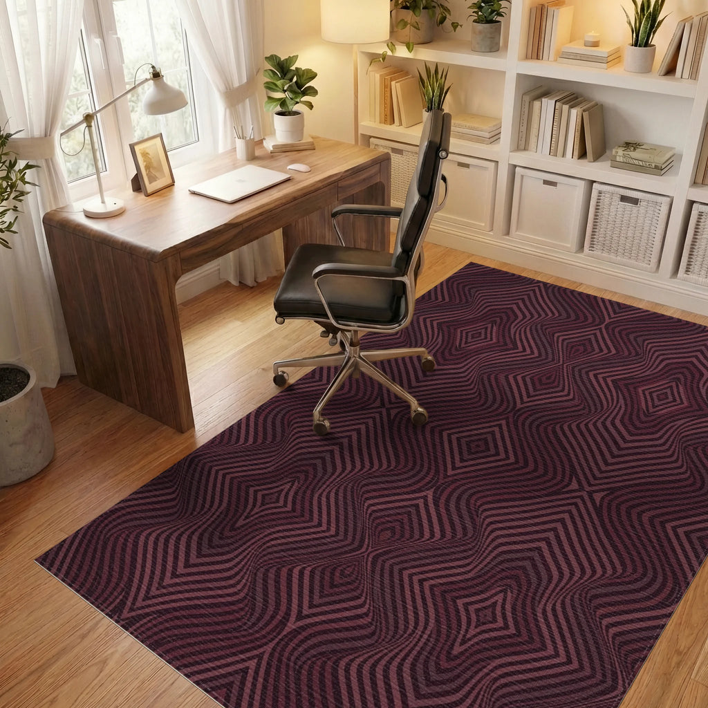 Deep Burgundy Optical Illusion Diamonds Rug Office View