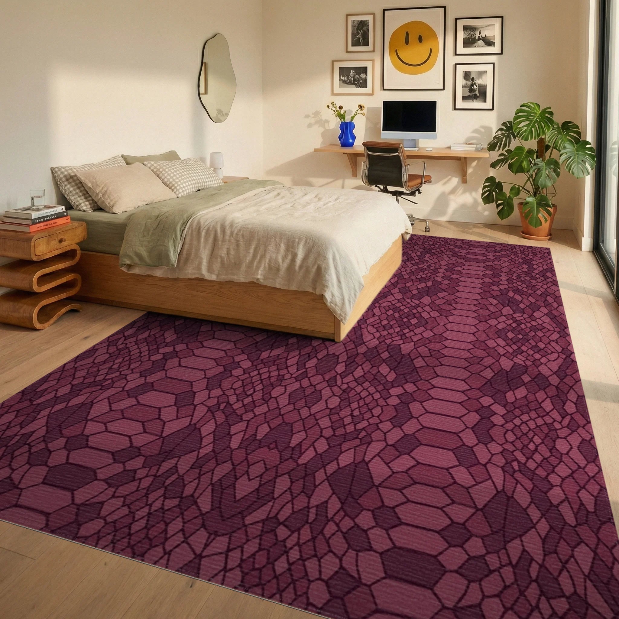 Deep Burgundy Snake Skin Texture Rug Bedroom View