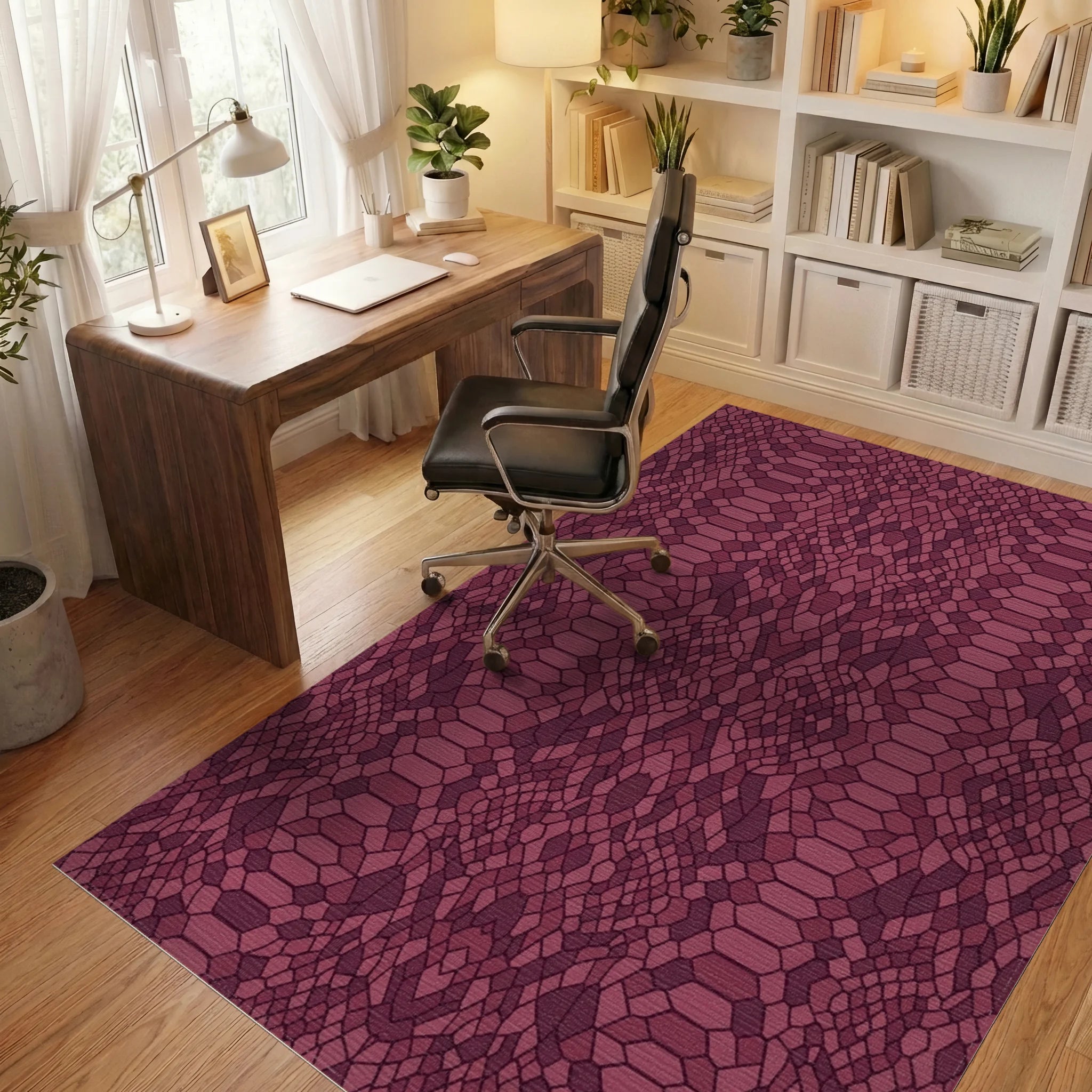Deep Burgundy Snake Skin Texture Rug Office View