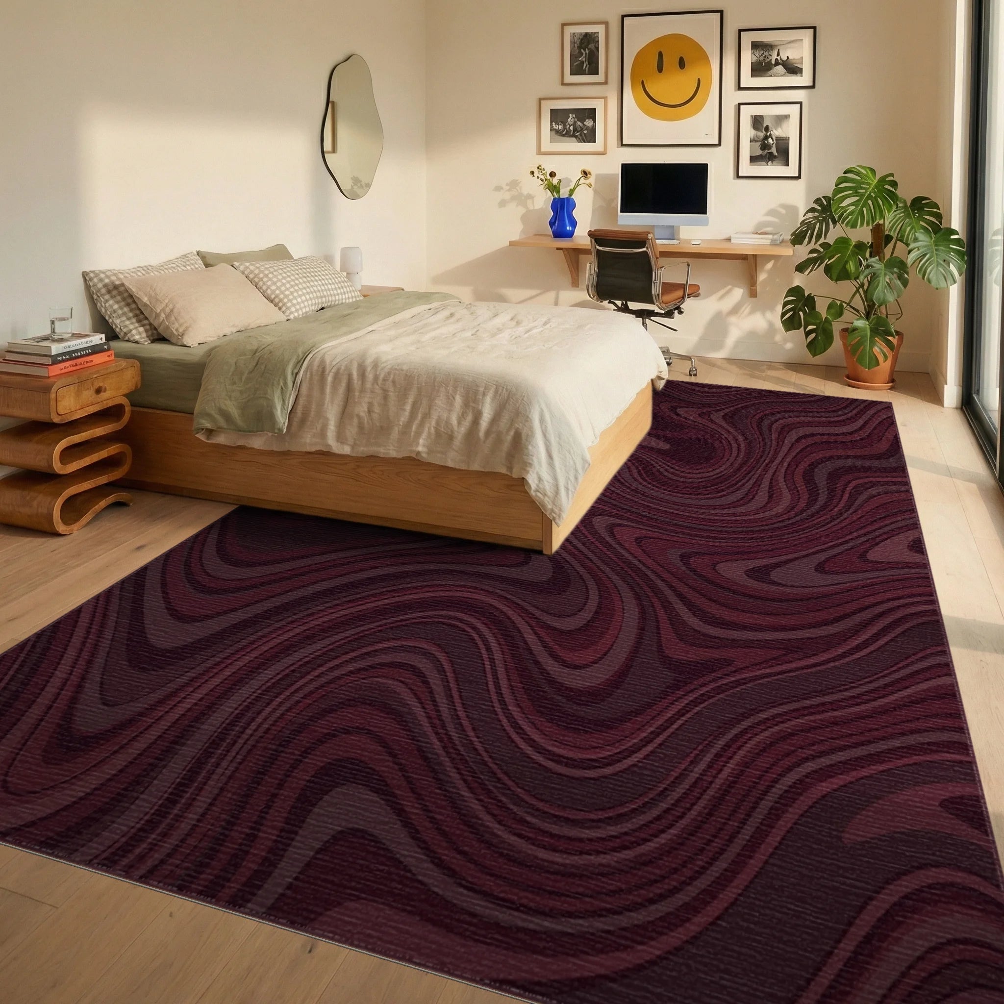 Deep Burgundy Swirl Abstract Lines Rug Bedroom View