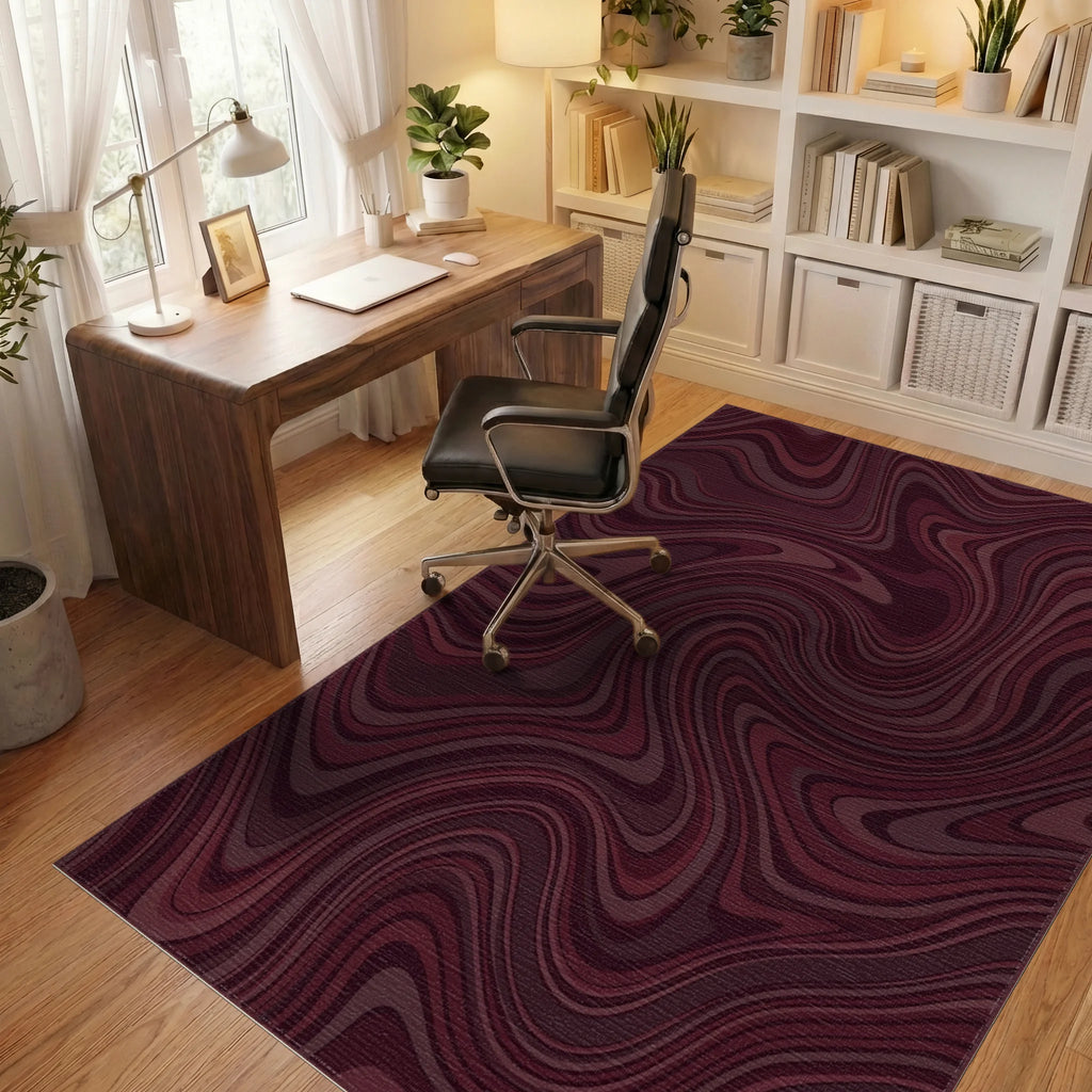 Deep Burgundy Swirl Abstract Lines Rug Office View