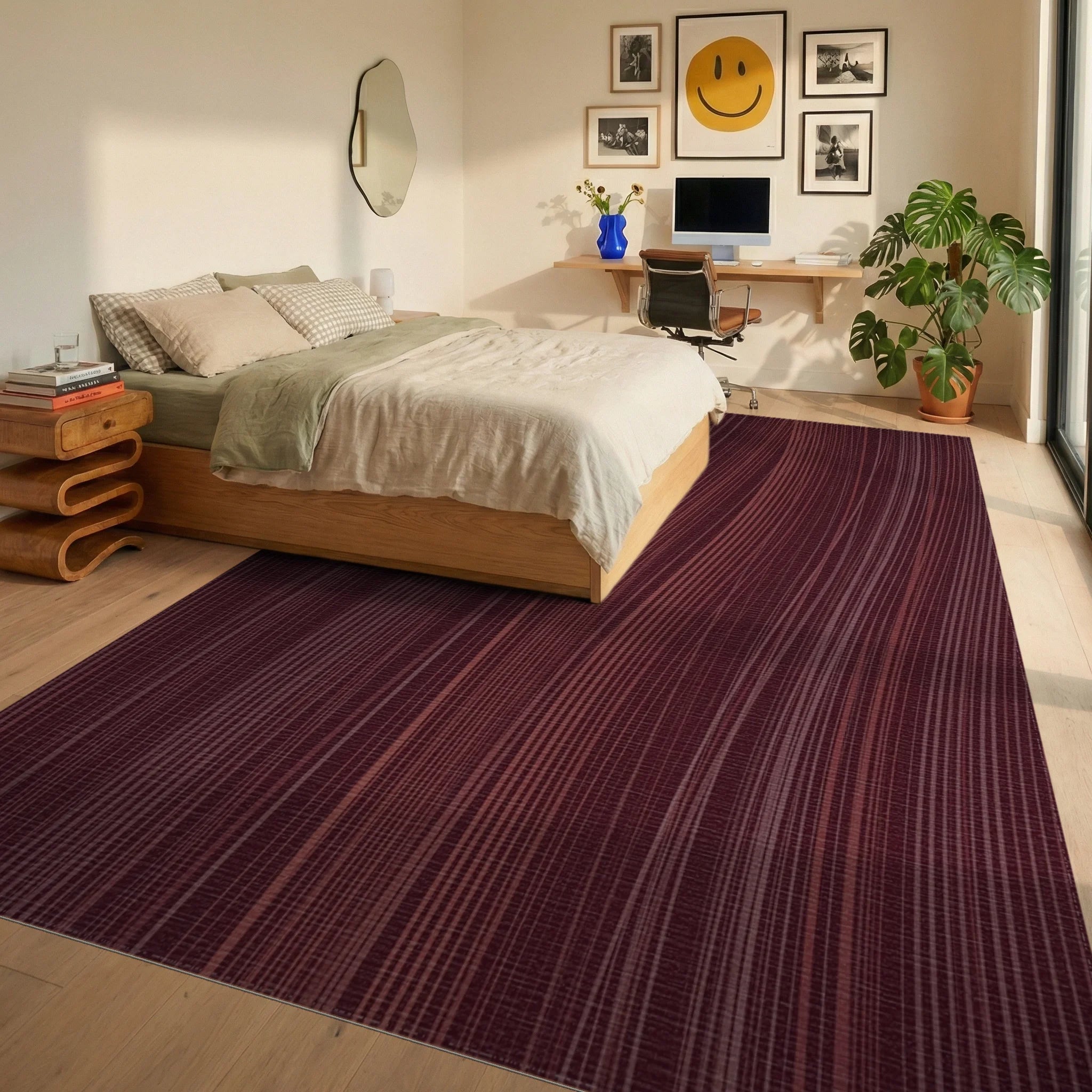 Deep Burgundy Swirling Wavy Lines Rug Bedroom View