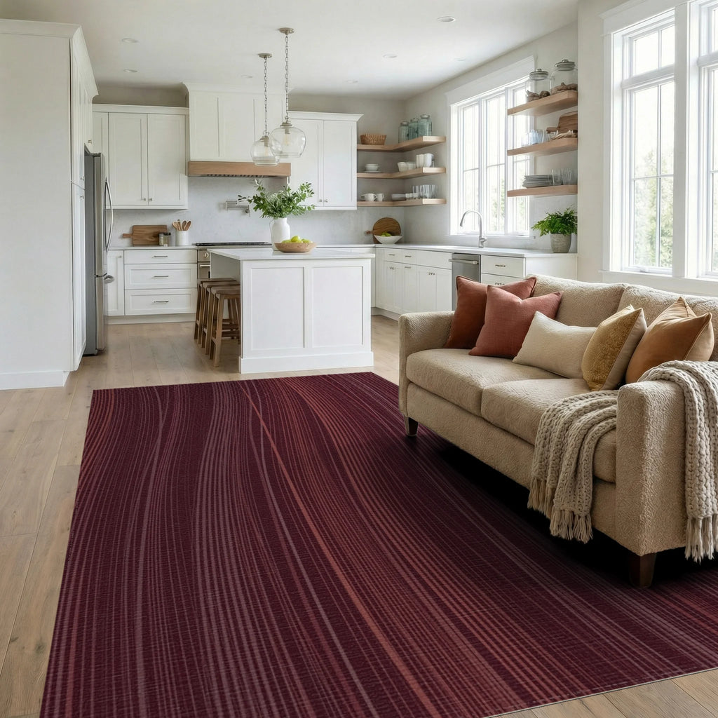 Deep Burgundy Swirling Wavy Lines Rug Living Room View