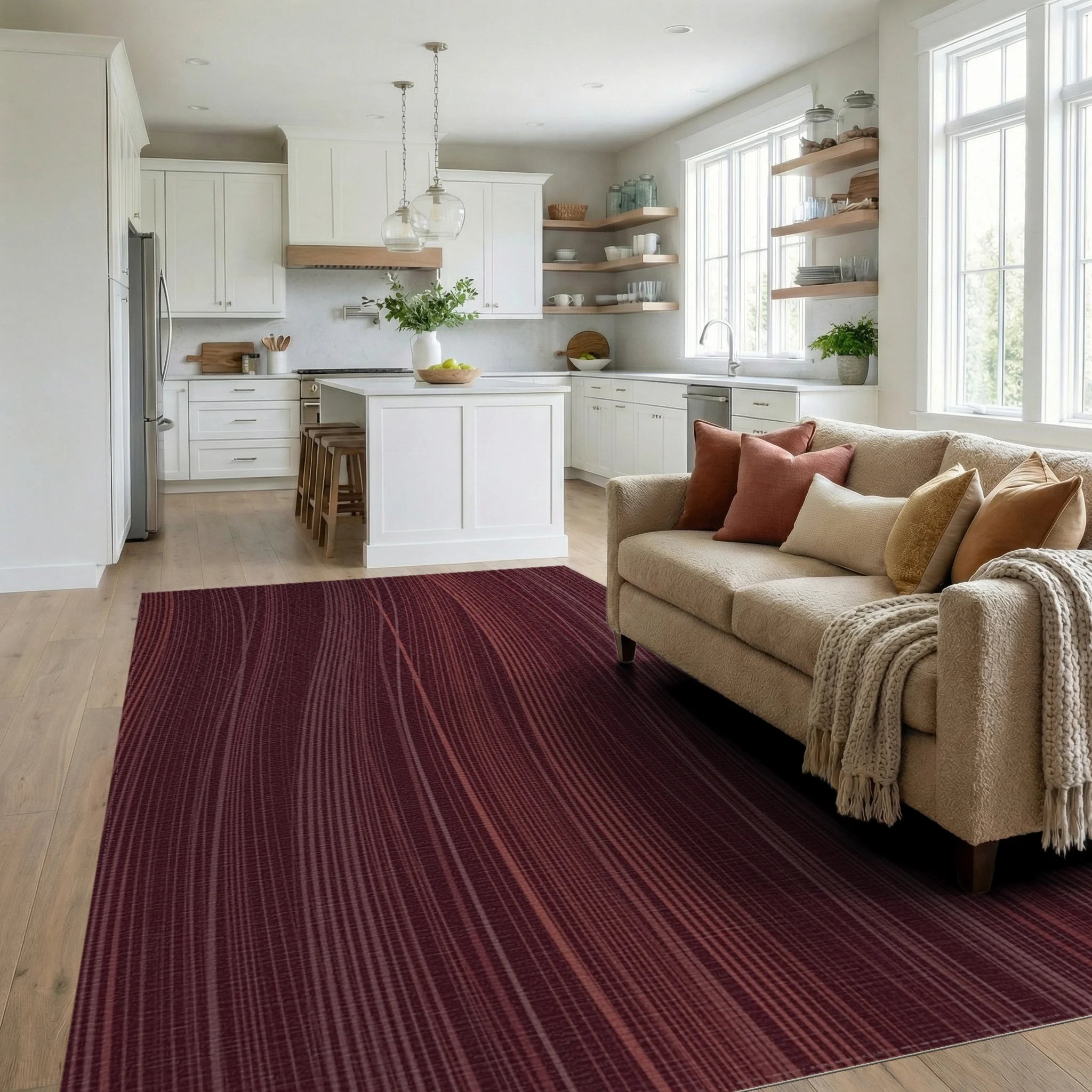 Deep Burgundy Swirling Wavy Lines Rug Living Room View