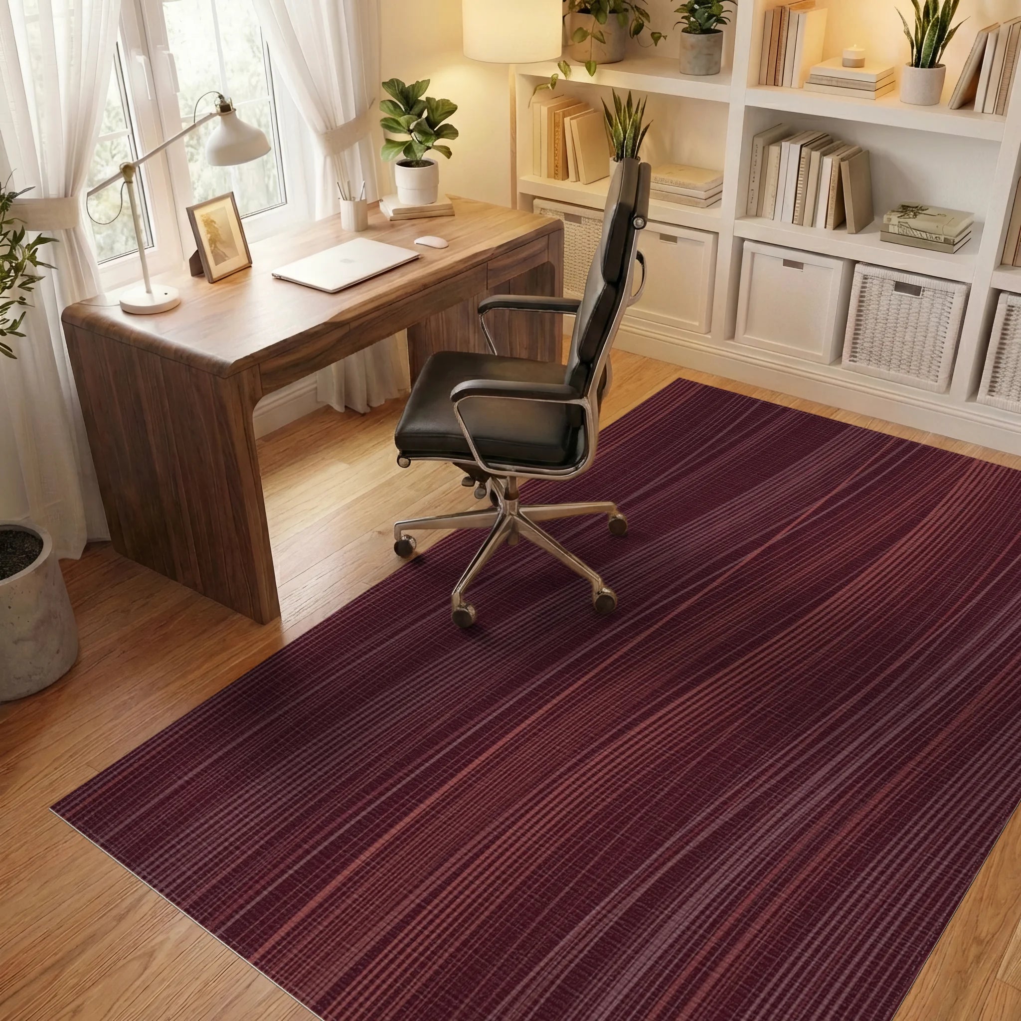 Deep Burgundy Swirling Wavy Lines Rug Office View