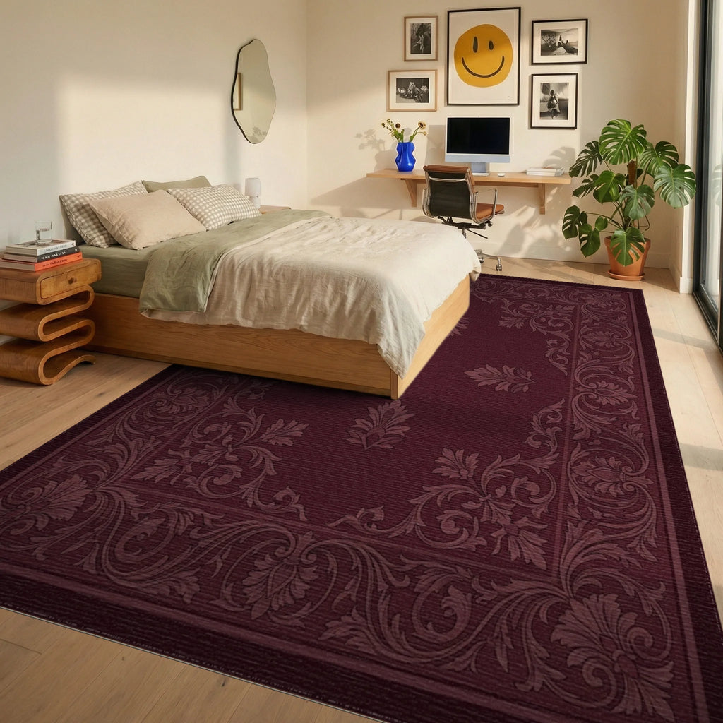 Deep Crimson Damask Floral Scroll Rug Bedroom View