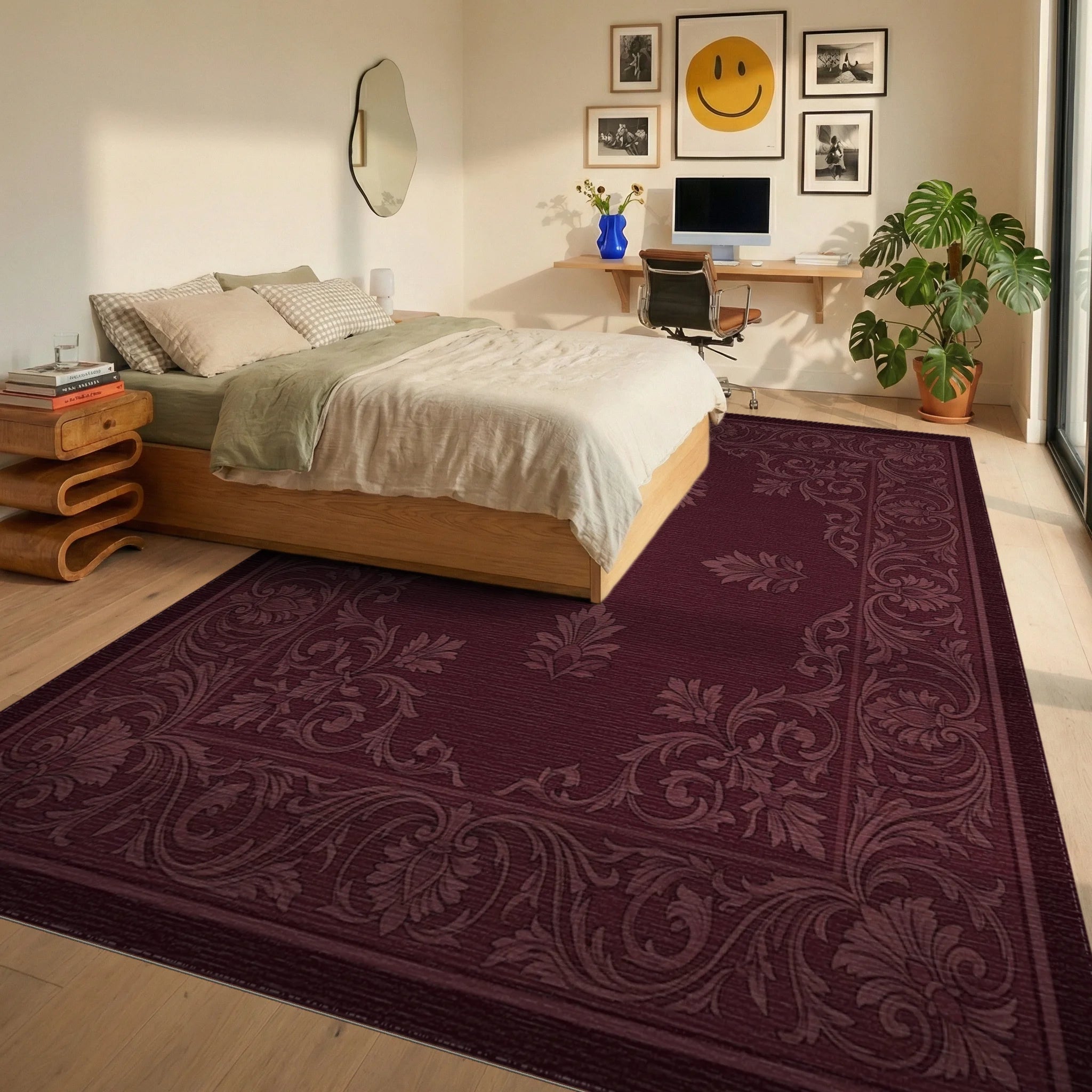 Deep Crimson Damask Floral Scroll Rug Bedroom View