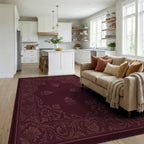 Deep Crimson Damask Floral Scroll Rug Living Room View