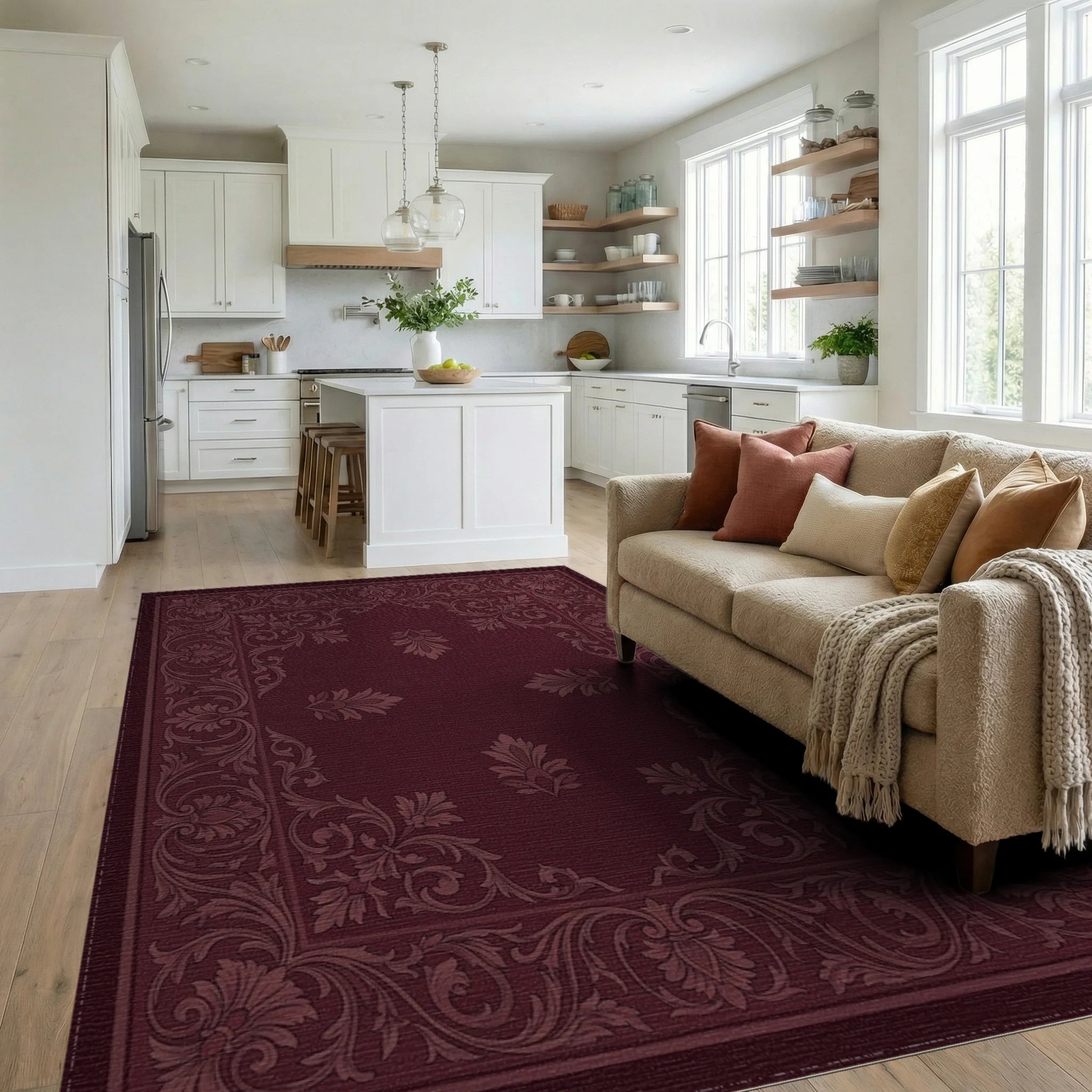 Deep Crimson Damask Floral Scroll Rug Living Room View