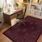Deep Crimson Damask Floral Scroll Rug Office View