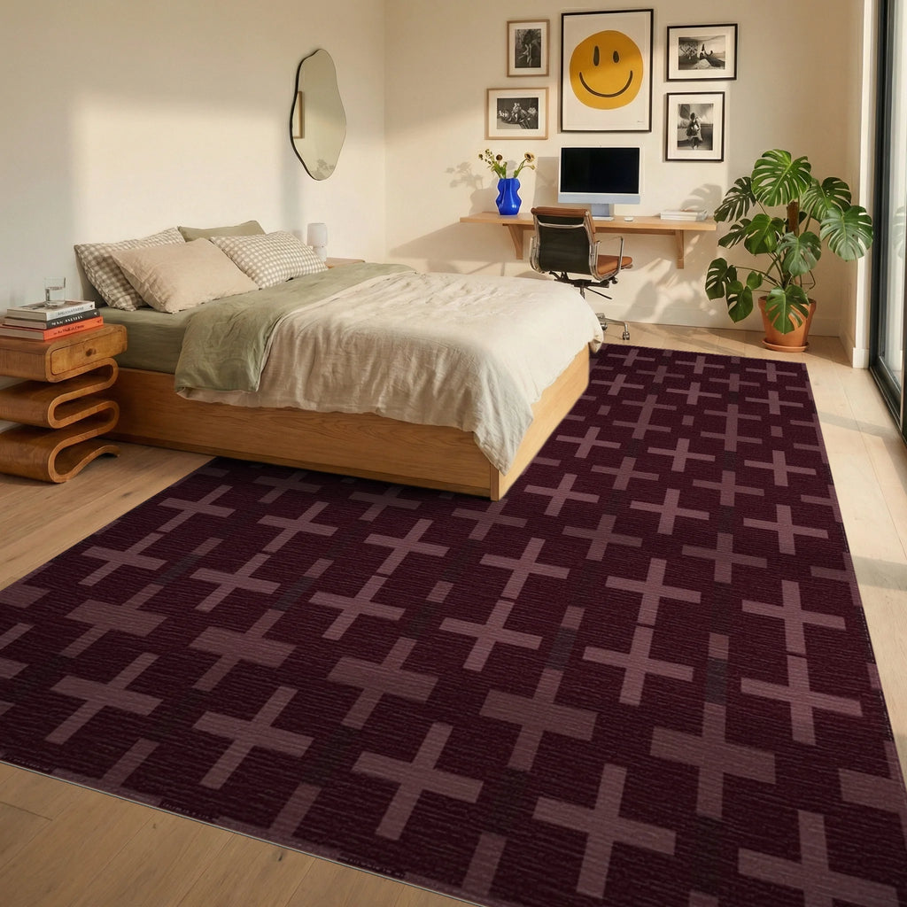 Deep Crimson Plus Motif Rug Bedroom View