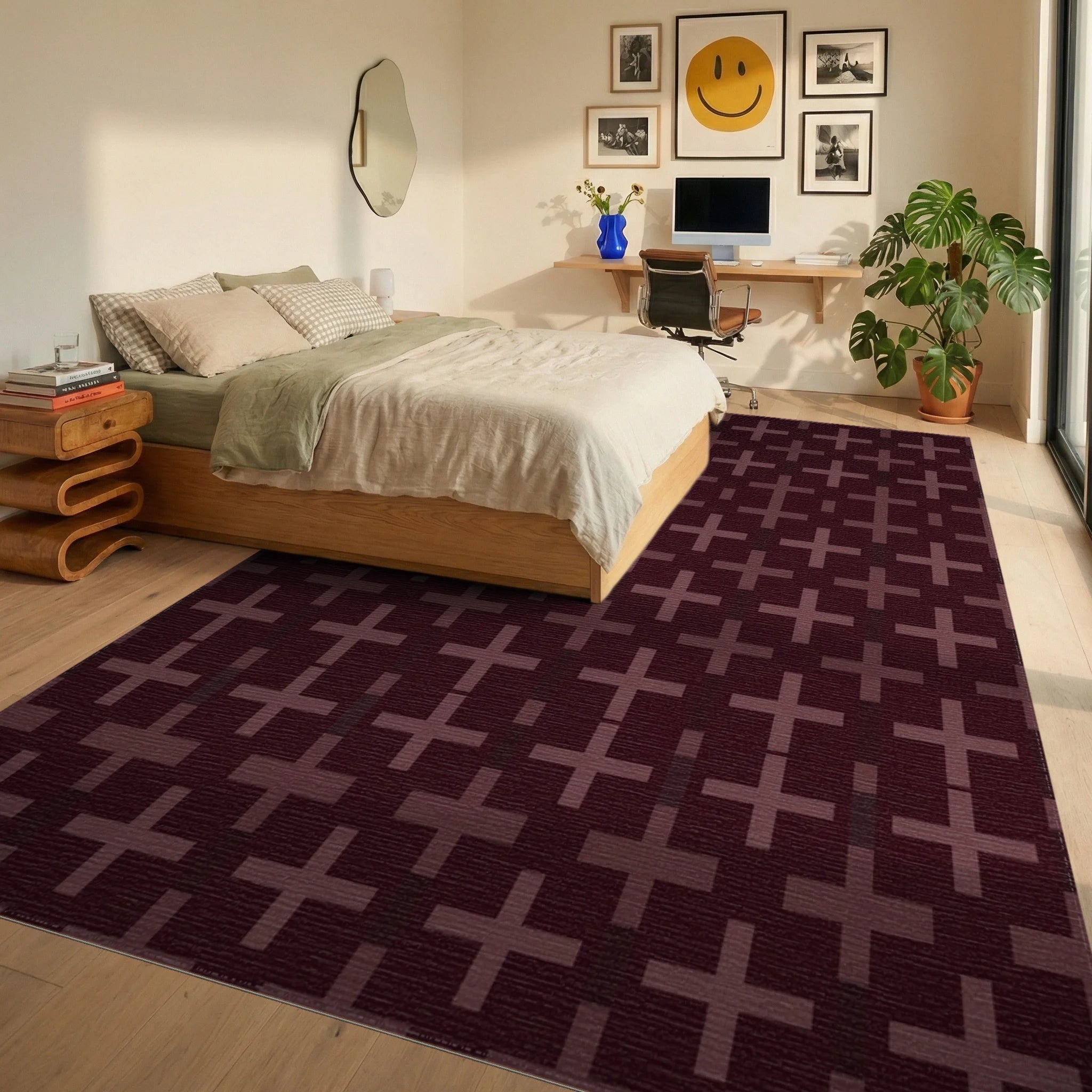 Deep Crimson Plus Motif Rug Bedroom View