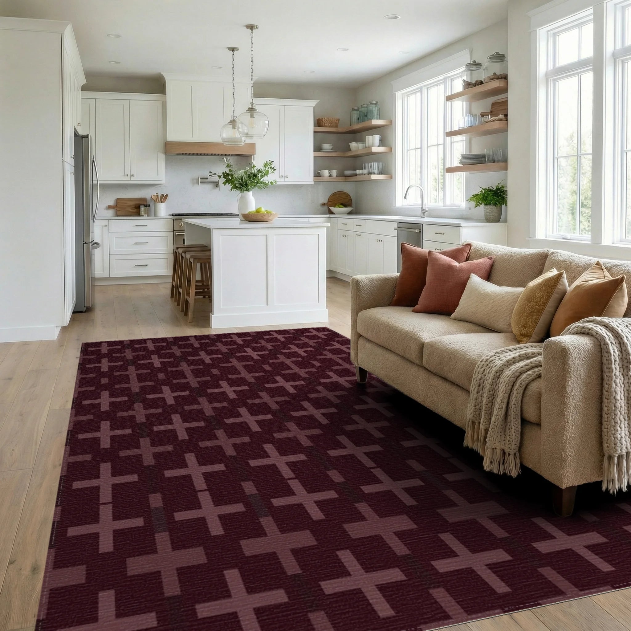 Deep Crimson Plus Motif Rug Living Room View