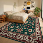 Deep Emerald Bloom Border Arrangement Rug Bedroom View